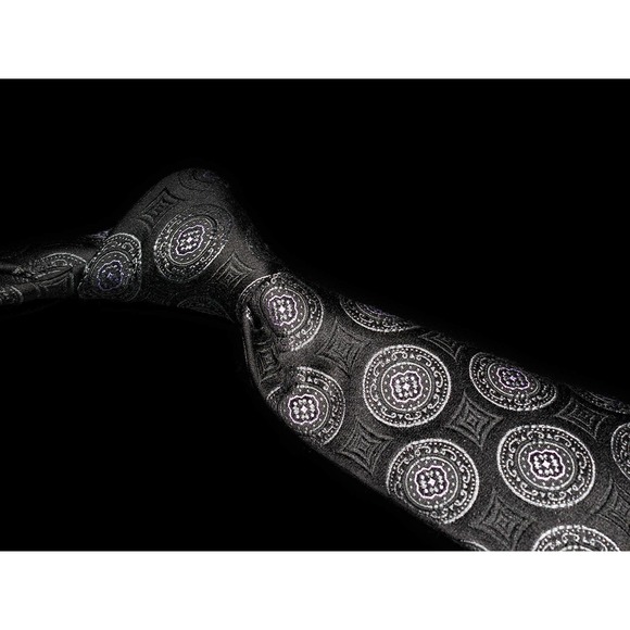 Hart Schaffner Marx Black Silver Medallion 100% Silk Men's Designer Tie - Picture 1 of 4